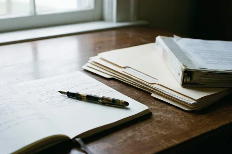 木製の机の上に広げられた手書きのノートと万年筆、重ねられた書類ファイル。窓からの自然光が差し込む静かな作業風景。身寄りのない高齢男性との支援記録、第1話。