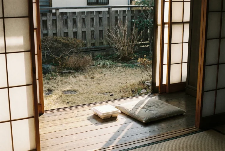 制度の狭間第2話アイキャッチ画像--縁側で座布団と弁当箱が置いてある写真