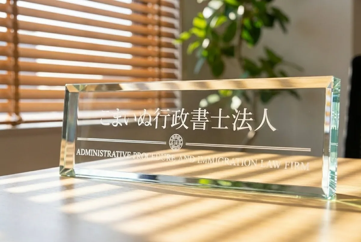 こまいぬ行政書士法人 — ガラス銘板